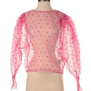 Zara Pink Polka Dot Sheer Blouse Puff Sleeves Size S NWOT